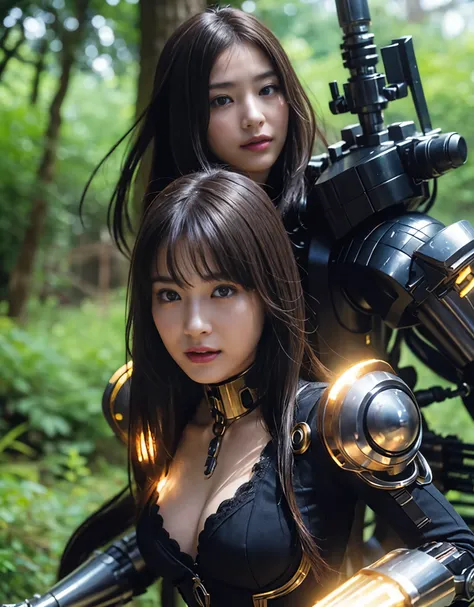 ((battle with monsters))、highest quality、masterpiece、ultra high resolution、(Photoreal:1.4)、RAW photo、1 girl、golden hair、glowing skin、(((1 Mechanical Girl)))、with a beautiful knife、（Blue Metal Bodysuit）、(beautiful forest background)、(battle with monsters)、(...