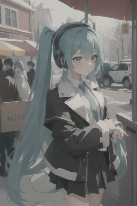 (masterpiece, best quality),  intricate details,
1girl,  miku hatsune, ahoge, aqua eyes, aqua hair, crossed bangs, hair between eyes, hair ornament, headphones, long hair, twintails,, 
 black legwear, black skirt, capelet, jacket, brown jacket, long sleeve...