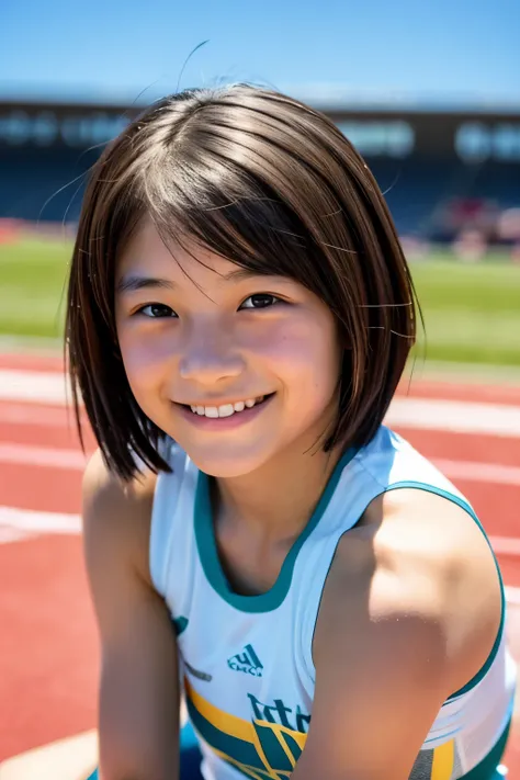 Beautiful 12 year old Japanese woman), cute face, (deeply carved face:0.7), (freckles:0.6), dramatic lighting, shy, short hair, (smile), (sparkling eyes), thin, track and field athlete, sitting