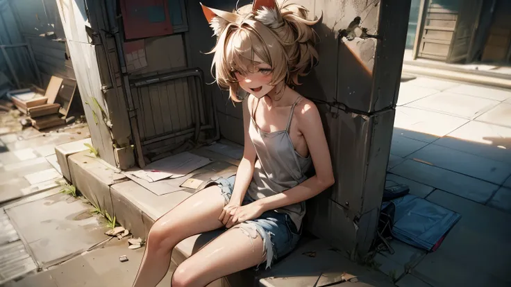 ((Masterpiece)), ((best quality)), 8K, cinematic lighting, (very messy hair), stooped posture, Forward leaning posture, (Leaning on concrete walls), exposed small breast, (badly tattered and torn camisole), (dirty white-camisole), Slender small breasts, op...