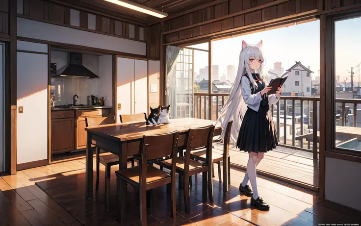 anime girl with long white hair, cat ears, in a room, studying, near balcony, Japanese House, best anime 4k konachan wallpaper, girls frontline style, school girl, girls frontline cg, from girls frontline, anime style 4 k, anime girl with cat ears, 4k anim...