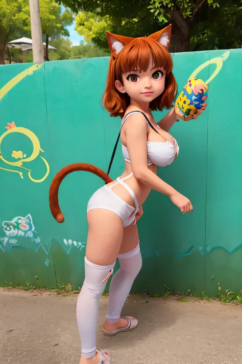 Cute 18 year old nekomata catgirl, little, Delicada hermosa cara atractiva, boca abierta, sonriente, Pelo largo de doble cola en capas, Orejas de gato, cintura delgada, Uso de G-String, dedo del pie de camello, en la cama, Personaje original, volumetric li...