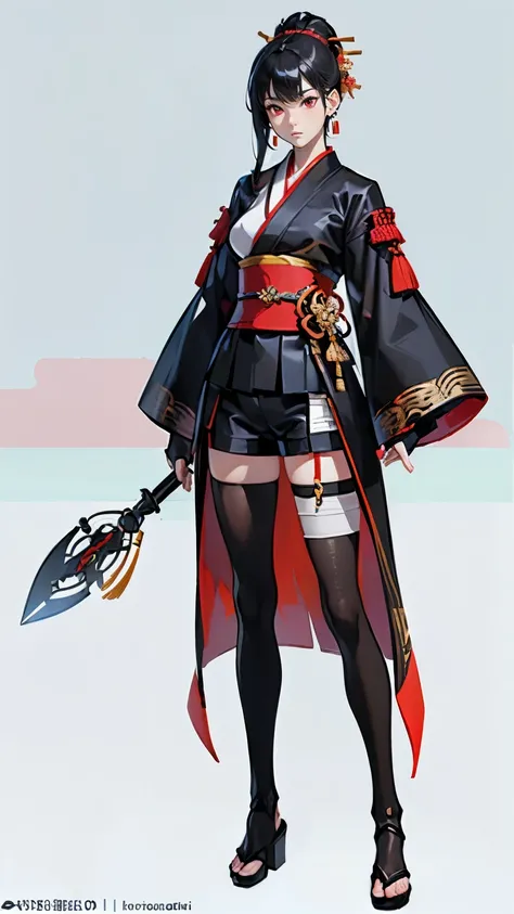 ((masterpiece,best quality,8k,highres)),((character concept art)), 1 female, adult female, warrior, 190 cm height, long straight hair, hime cut hairstyle (plack hair colour), ultra finely detailed eyes (red eyes colour), extraordinary gorgeous, charming, e...