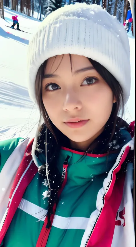 (Close up portrait of one girl with slender small breasts and long hair in colorful ski clothes:1.5)、hair up, (One girl skiing with show her face :1.5)、(Snow Ski Garden:1.5)、(Beautiful blue sky 1.5)、(Perfect Anatomy:1.3)、(No mask:1.3)、(complete fingers:1.3...