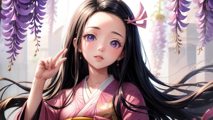 masterpiece, (pink kimono), seductive face, Good lighting, split, fine detail, masterpiece, sparkling eyes, 1 girl, black hair, sasanian, Nezuko Kamado, wisteria background, masterpiece, Best quality, throw,,