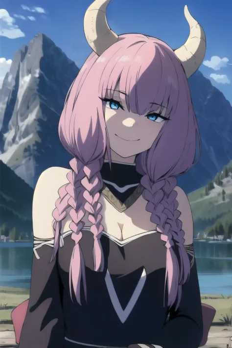 solo,grin,
theguillotineaura,1girl,
multiple braids,demon horns,
bare shoulders,
nature,sunshine,midday,mountain,sky,lake, break...