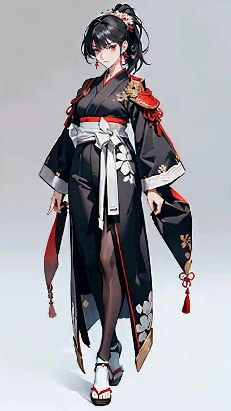 ((masterpiece,best quality,8k,highres)),((character concept art)), 1 female, adult female, warrior, 190 cm height, long straight hair, ponytail, hime-cut hairstyle (black hair colour), ultra finely detailed eyes (red eyes colour), extraordinary gorgeous, c...