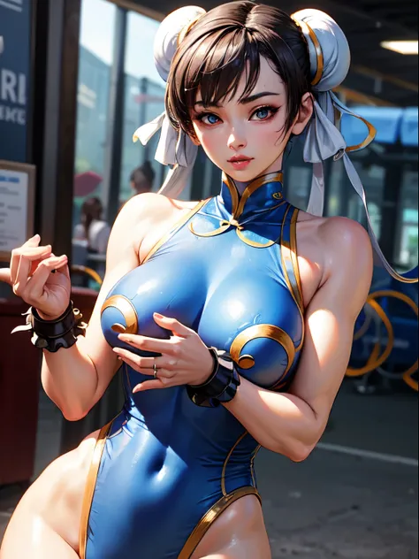 ((Chun li)), 1 Girl with short black hair, blue eyes, perfect face, voluminous body and slightly thin hips, she is in an amusement park alone, ((perfect body)), ((work of art)) , ((best quality)), (detailed)