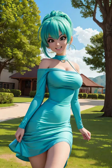 obra maestra, Mejor calidad, high resolution, Dragon Ball, blmsdup, Bulma, pelo aguamarina, one side up, vestido rosa, mangas largas, clavicle, pechos medianos, al aire libre, de pie, tiro de vaquero, (levantamiento de vestido:1.2), sonrisa maligna,