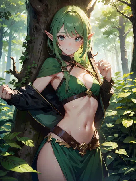 (Beautiful wood elf :1.3), (detailed face:1.1), (detailed eyes:1.1), wearing plants clothes, (small breasts) (narrow waist:1.2), (very sexy:1.5), perfect anatomy, in the forest, smilling, small elf ear