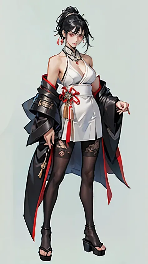 ((masterpiece,best quality,8k,highres)),((character concept art)), 1 female, adult female, warrior, 190 cm height, long straight hair, ponytail, hime-cut hairstyle (black hair colour), ultra finely detailed eyes (red eyes colour), extraordinary gorgeous, c...