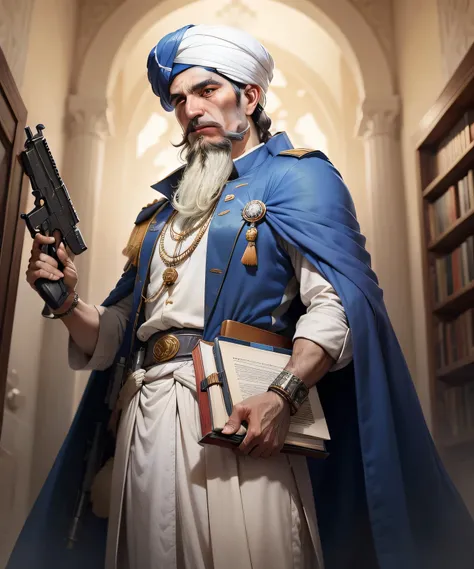 A Pashtun leader with white turban and blue robe with a gun and book on left hand