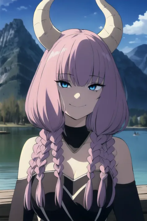 solo,grin,
theguillotineaura,1girl,
multiple braids,demon horns,
bare shoulders,
nature,sunshine,midday,mountain,sky,lake, break...