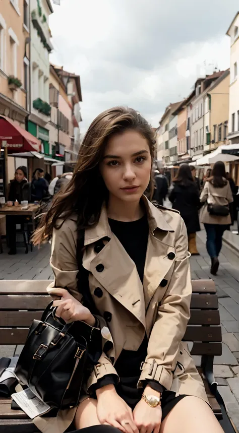 sehr realitisch, sehr viele details, young attractive woman sitting on bench in pedestrian zone, wearing beige trench coat, hyperrealistisch, detailreich, italienisch aussehend, trendy oufit, kein Ausschnitt, Rollkragenpullover, Filmszene