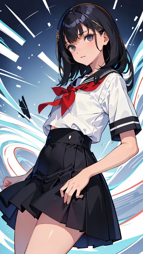 (short cute girl，small young student，young delicate girl）,（masterpiece，Top quality)，school uniform，short sleeve，long black hair，belly button，sleepy