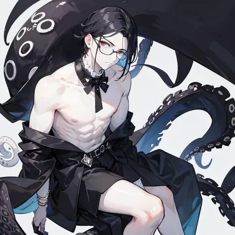 A man with black hair glasses white skin wings on the side of his head and an octopus on top of his head 