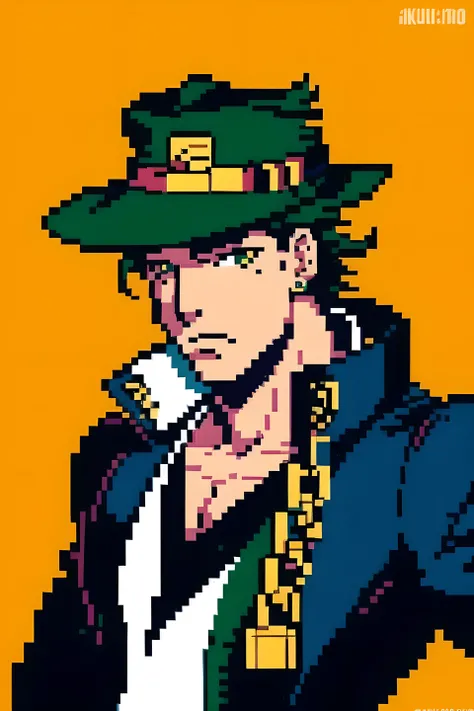 pixel art,1 person,Jotaro Kujo,muscular man,have,green eyes,Uniforms,Xuelan,long coat,jewelry,earrings,chain,superior_Body,looking at the audience，Simple background,best quality,masterpiece