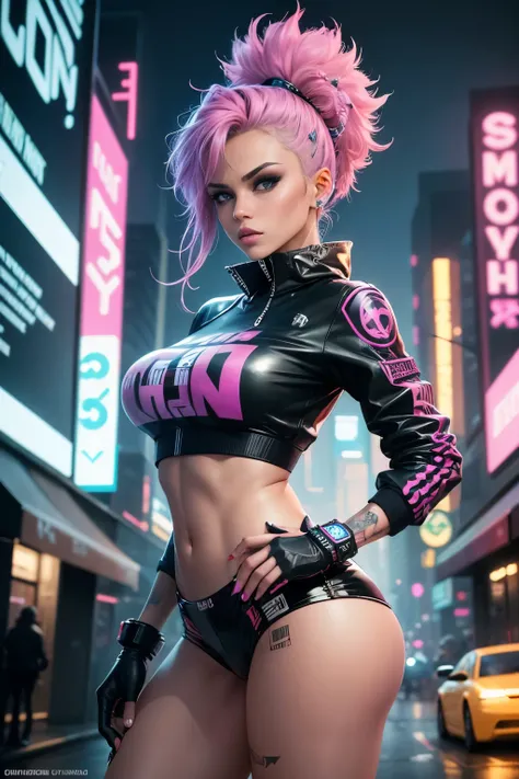 (best quality,4k,8k,highres,masterpiece:1.2),ultra-detailed,(realistic,photorealistic,photo-realistic:1.37),90s vibe,cyberpunk,futuristic neon lights,pink and blue pastel colors,stylishly dressed girl with punk elements,dynamic composition,Kim Bassin-inspi...