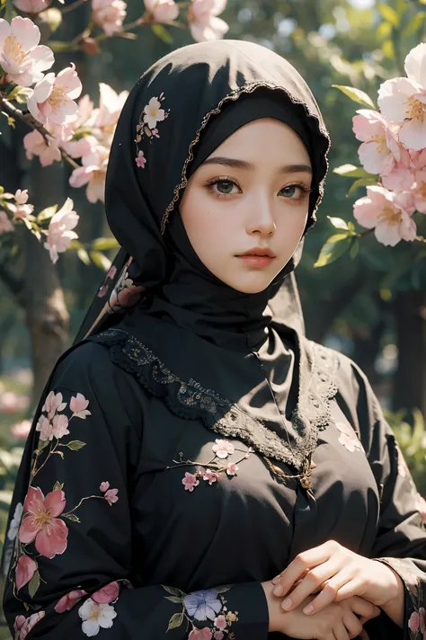 Excellent, masterpiece, super high resolution, hijab,cerry blossom  detailed background, realistic, muscular, 