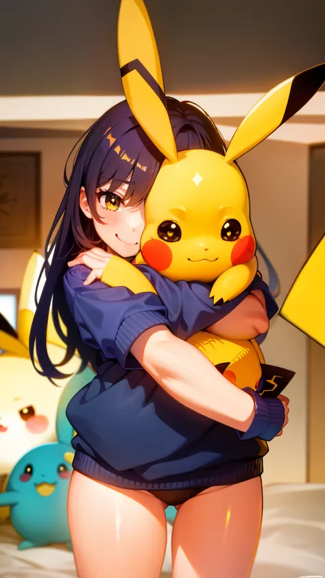 Adorable girl, lovingly embracing a plush Pikachu toy, her smile beaming with delight, exquisitely rendered masterpiece, highest quality, incredibly detailed facial expression, expressing playfulness, Pikachus cute little face pressed against her cheek.