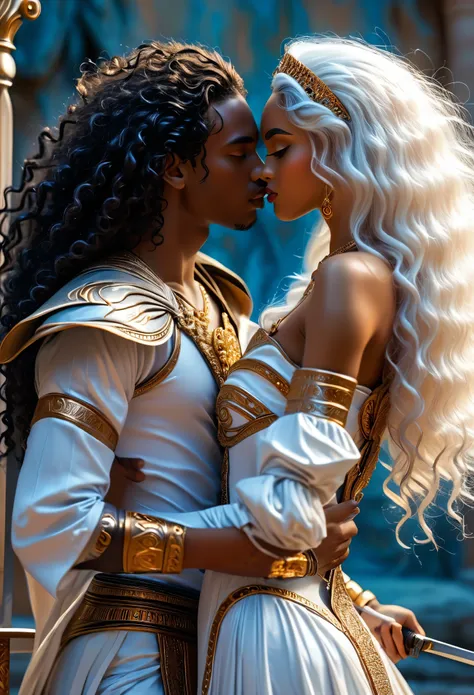 Novel in celestial chaotic landscape, (((close up of a beau young darkskin couple in 18s))), (a young very beau pharaon with dark curly hair:1.3) and (a young very beau queen with long whitehair:1.7), fighting with swords and lances beau visage, (((beau)))...