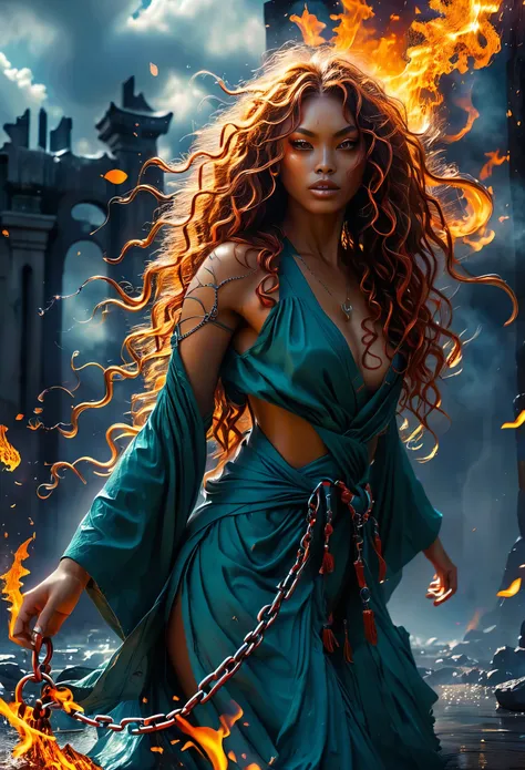 novel in chaotic and destroy landscape, an brown skin woman with long ginger curly hair, very beautiful 18's woman, chained and ...