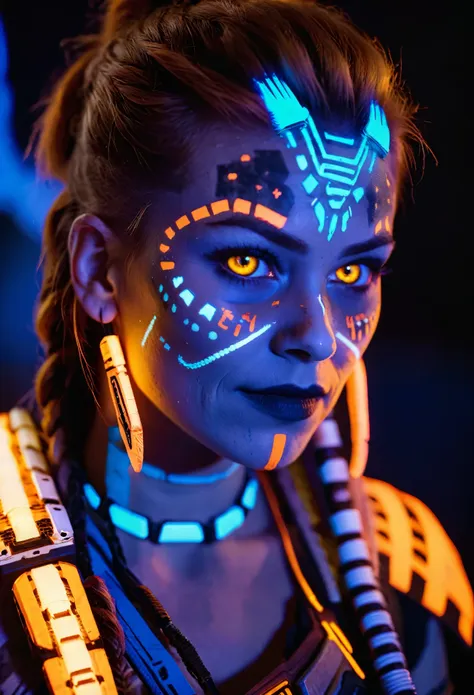 black light painted on face&#39;aloy, aloy est un personnage fictif et protagoniste du jeu vidéo horizon zero dawn de 2017., gro...