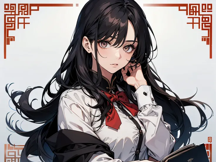 1 female, teacher, wearing white shirt, black long pants, black hair, long hair, white eyes, red bowtie, nervous, face to detail...