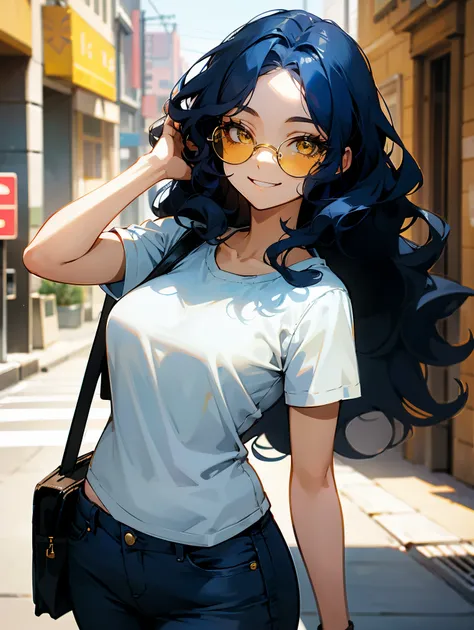 1female , Dark Blue Hair , Wavy Hair , Yellow Eyes , Mascara , Sunglasses , Smiling Expression , Casual Clothing , Curvy , Sunny City