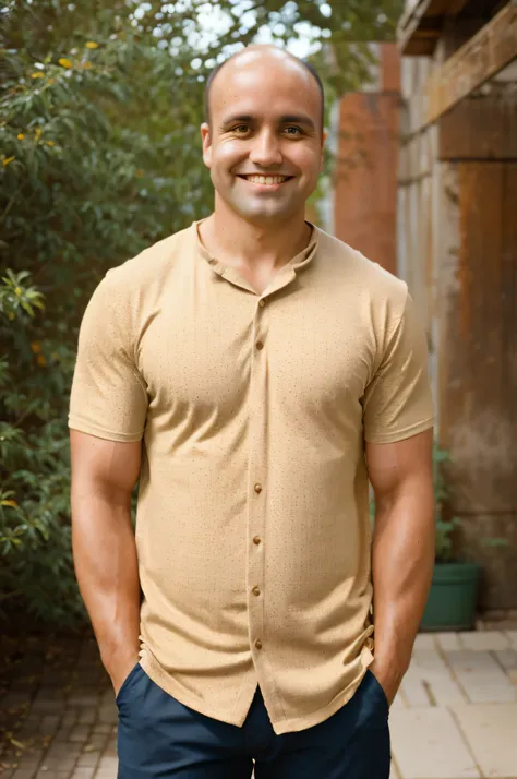 Foto CRU, foto do meio de um homem musculoso na casa dos 30 anos, medium length side cuts brown hair, cabelinho quase careca, em uma camisa casual, mas bem ajustada, standing against a flat background. Confident Sorriso, Aquecer, soft lighting to emphasize...