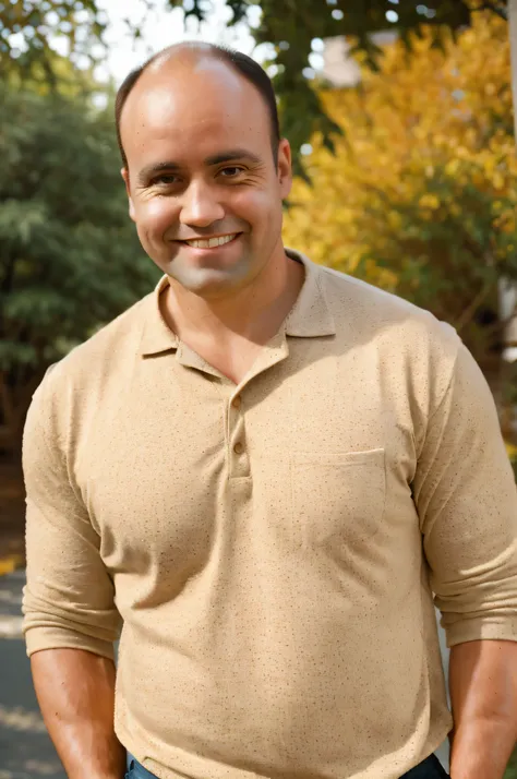 Foto CRU, foto do meio de um homem musculoso na casa dos 30 anos, medium length side cuts brown hair, cabelinho quase careca, em uma camisa casual, mas bem ajustada, standing against a flat background. Confident Sorriso, Aquecer, soft lighting to emphasize...