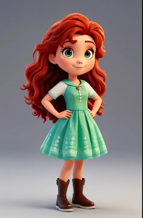 merida do filme valente crie uma imagem 3d pixar-style retrato com visual clean e fundo branco, mulher com 20 anos, pele clara, rosto delicado com sardas, olhos azuis e muito grandes, don&#39;t smile,  longos cabelos cacheado e volumoso e ruivo, vestido ve...