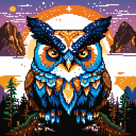 Create a pixel art-style depiction of an owl radiating energy, with its eyes glowing with ancient wisdom. The explosive scene should amplify the owl’s sagacious strength and enigmatic aura, conveying intensity, strength, and passion. Utilize epic action an...