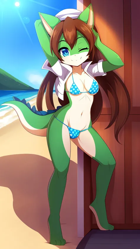 Draconic girl, brown hair, spiky hair, long dreadlocks ponytail, anime style, medium breasts, blue eyes, ((headscarf on head, white jacket, open clothes, triangle bikini)), green draconic wings, high quality, detailed body, detailed eyes, detailed face, gl...