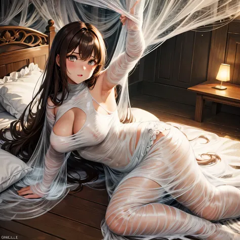 1girl,Spider weaving a net on the girl,réalism:1.2,ultra-detailed,bedroom setting,stretched pose,struggling in the net,brown haired,very long sheer skirt,oaken floor,soft sunlight,delicate spider silk,lace curtains,bedside table,decorative pillows