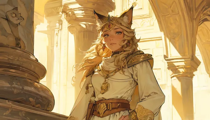 (best quality, masterpiece, ultra-detailed, highres, realistic:1.37), a youthful and optimistic 3 foot tall 30 year old tabaxi woman race from d&d with a himalayan cat like appearance who has beige fur and long haired ears wearing fancy beige medieval doct...