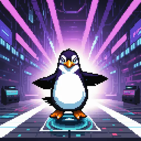 craft an intriguing pixelated glitch composition featuring a cybernetic penguin engaged in a futuristic dance-off, inspired by p...