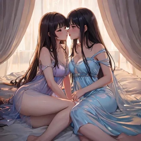 two girl kissing,,(bright lighting,romantic setting),dreamy background,,dark hair, mesmerizing gaze, , soft skin, alluring beauty, artistic portrait, high-quality image, vibrant colors,translucent long silk gown, mosquito net, lying down, romantic bedroom,...