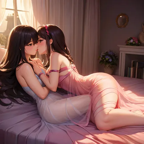 two girl kissing,,(bright lighting,romantic setting),dreamy background,,dark hair, mesmerizing gaze, , soft skin, alluring beauty, artistic portrait, high-quality image, vibrant colors,translucent long silk gown, mosquito net, lying down, romantic bedroom,...