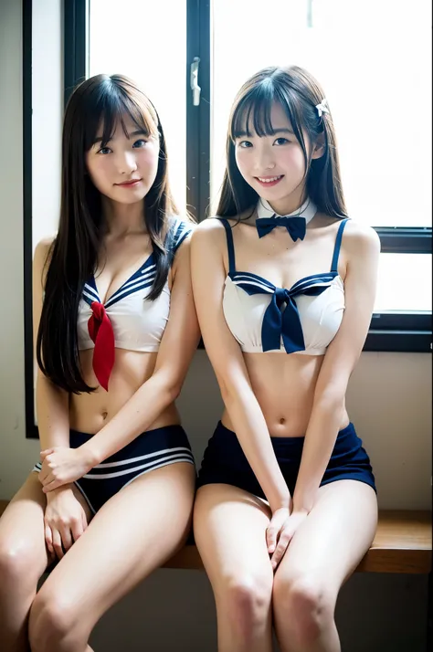 2 girls near window in old-Japanese classroom,navy blue sailor shirt with red bow tie,white micro bikini bottom,18-year-old,bangs,a little smile,thighs,knees,straight hair with barrette,from below,front light