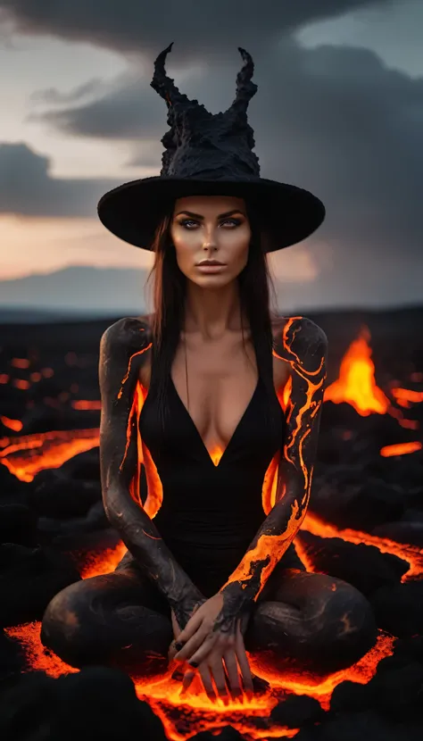 Black lava photo of a beautiful slim European woman with glowing lava, sie hat eine perfekte Figur, die meditierend auf fliessender Lava sitzt im Schneidersitz, die Lava funkelt, leuchtet, sie meditiert in vollkommender Harmonie mit sich selbst, der Himmel...