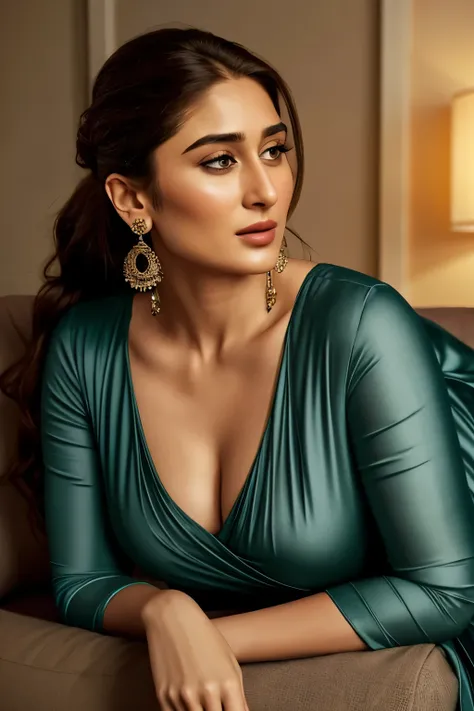 Realistic full body shot of a 26-year-old woman, asymmetrical face featuring the distinctive charm of Kareena Kapoor, wearing a low-neck, tightly fitted salwar kameez that accentuates her curves. Her black messy hair cascades down her shoulders, framing he...