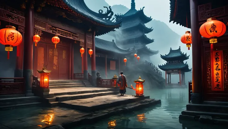 Ancient China, Temple, (Mysterious Black Mist), Journey to the West, Judge, Elder, Glazed Tiles, Buddha Statues, Lanterns, Absurdity, Realistic Lighting, (Abysasterpiece, High Quality, Exquisite Graphics, High Detail, Undersea, Water Prison, Male, Snake Sp...