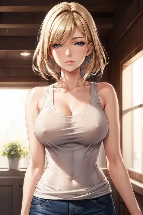 (best quality, highres, photorealistic), portrait, elegant mature woman, blue eyes, long hair, swept-side bang, blonde hair, see through tank top, big breast, ultra detailed cg 8k, beautiful cg, soft light