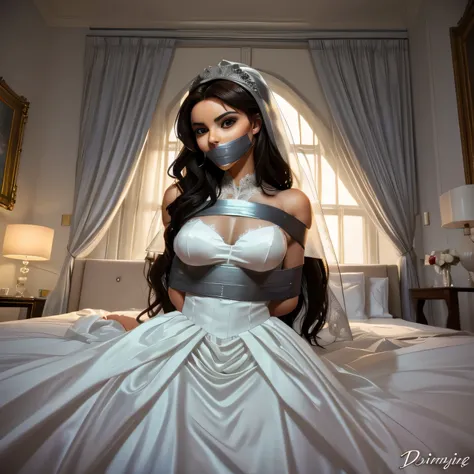 (bright lighting,romantic setting),bride captured, dreamy background,bondage,dark hair, mesmerizing gaze, , soft skin, alluring beauty, artistic portrait, high-quality image, vibrant colors, long silk gown, in the bed,tape bondage,tape gag, mosquito net, b...