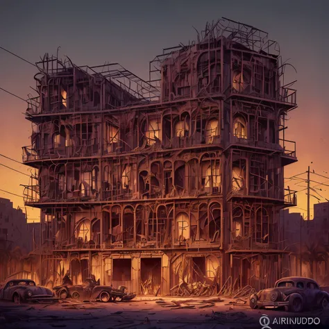 edge lighting, Backlighting, incredible architectural details, estructura completa del edificio, (exterior), Q version cartoon style, (Arruinado, abandonado), (Car Factory) en el centro el diablo y la muerte jugando al ajedrez