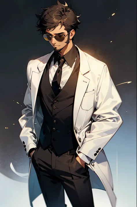 short hair, black shirt, young male, brown eyes, morning, black hair, laboratory background, dark skin, arms in pockets, muscular, looking at camera, adult, small beard,suit and tie, sunglasses, scientist shirt 