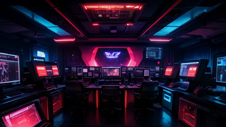 A dimly lit computer lab with many monitors and keyboards., cyberpunk setting, Cyberpunk configuration, cyber neon light, Red neon light, cyber space, Cyberpunk with neon lights, cyber neon lights, In a cyberpunk themed room, Cyberpunk within, Metal Tablet...