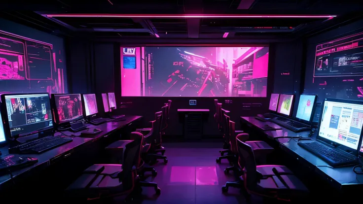 A dimly lit computer lab with many monitors and keyboards., cyberpunk setting, Cyberpunk configuration, cyber neon light, Red neon light, cyber space, Cyberpunk with neon lights, cyber neon lights, In a cyberpunk themed room, Cyberpunk within, Metal Tablet...