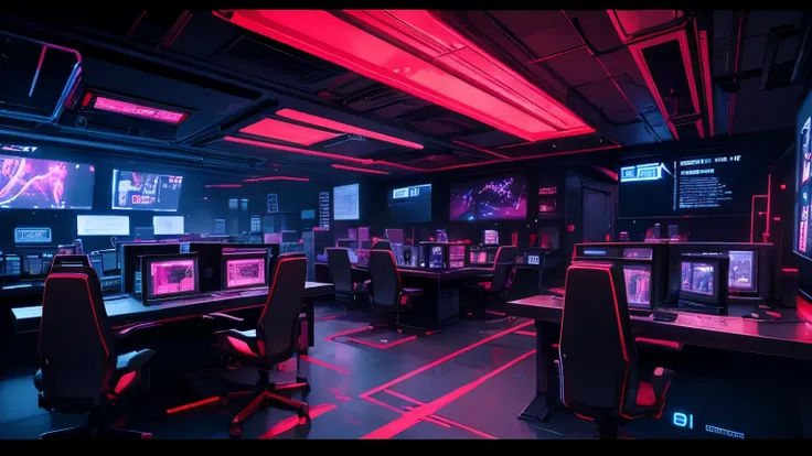 A dimly lit computer lab with many monitors and keyboards., cyberpunk setting, Cyberpunk configuration, cyber neon light, Red neon light, cyber space, Cyberpunk with neon lights, cyber neon lights, In a cyberpunk themed room, Cyberpunk within, Metal Tablet...